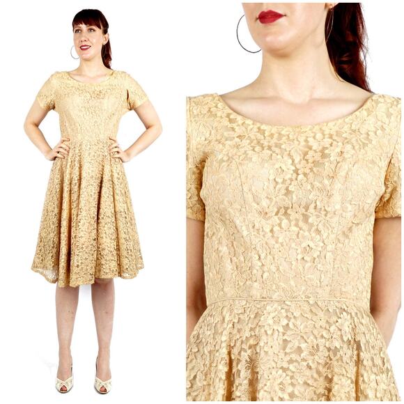 Vintage 1950s Gold Lace Circle Skirt Dress | Medium - Picture 1 of 5
